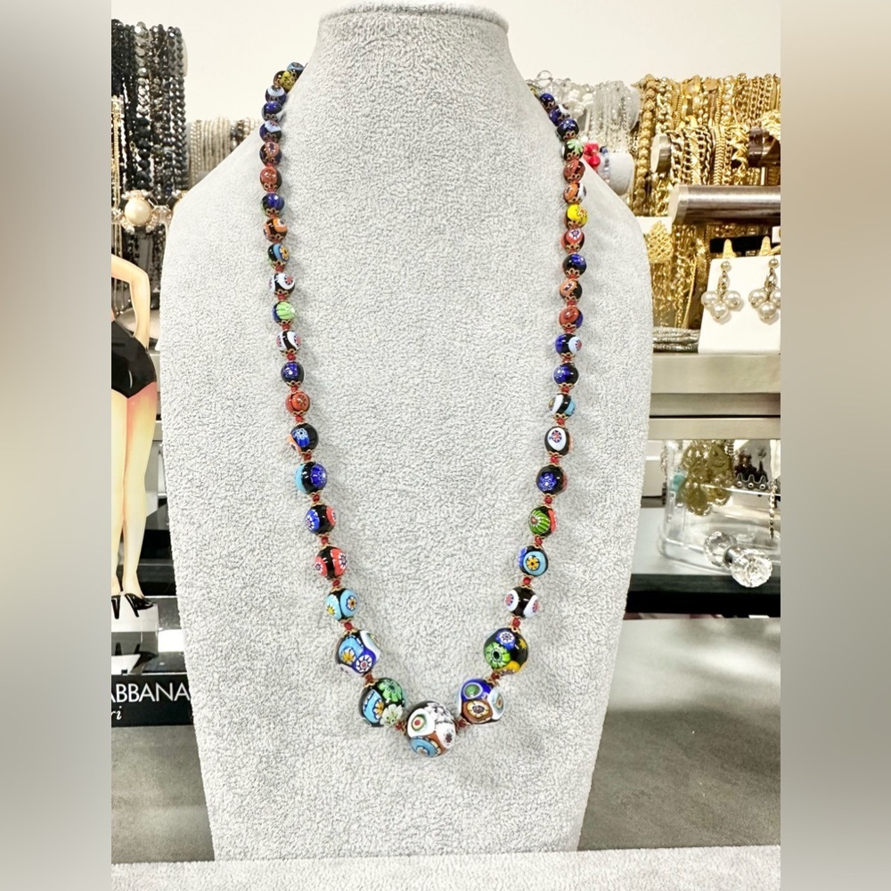 Vintage Millefiori Multi Colored Glass Graduated Beaded Necklace Italian Italy 250$